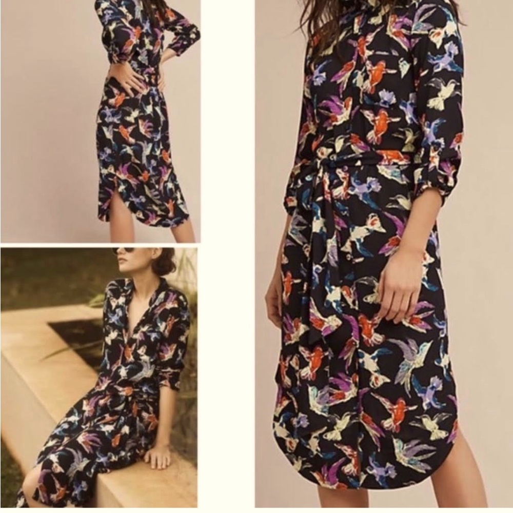 Anthropologie Maeve Martina Black Multicolor Bird Print Button-Up Dress 👗 size4